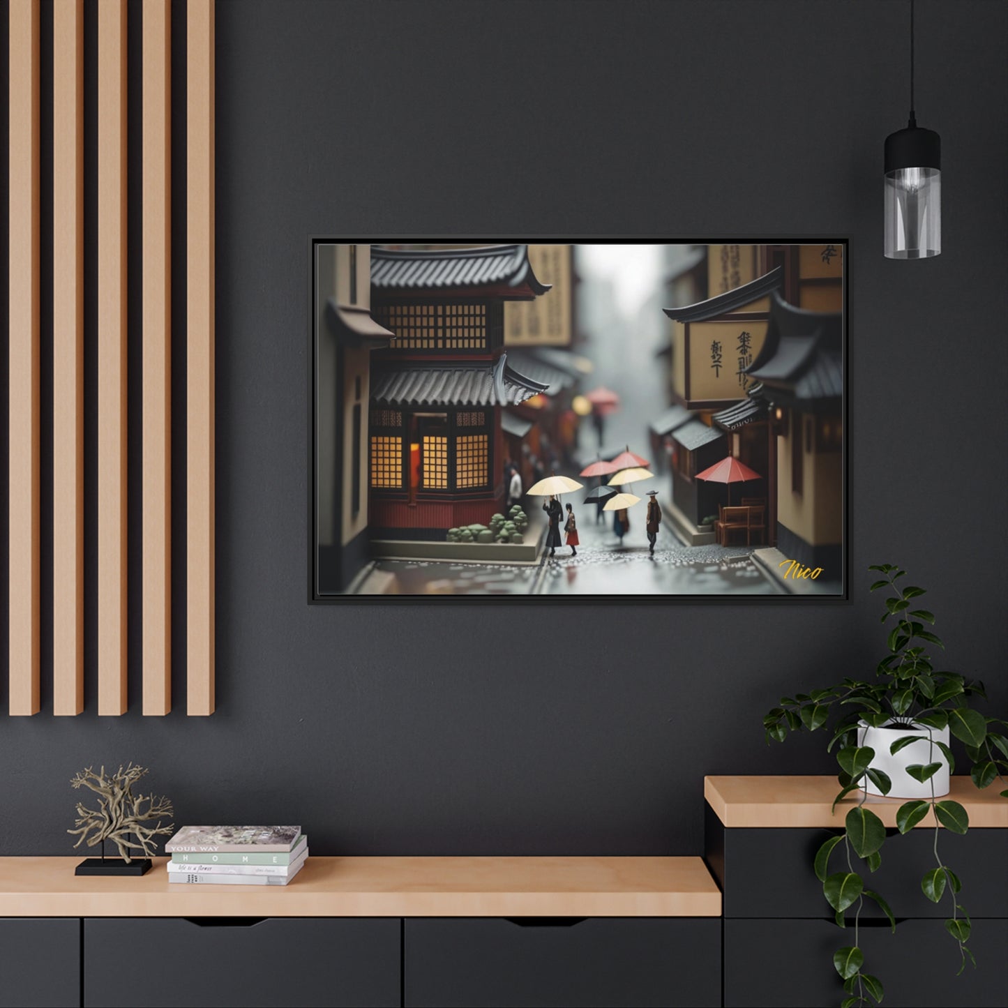 Oriental Rain Series Print #9 - Extended Black Framed Canvas Print