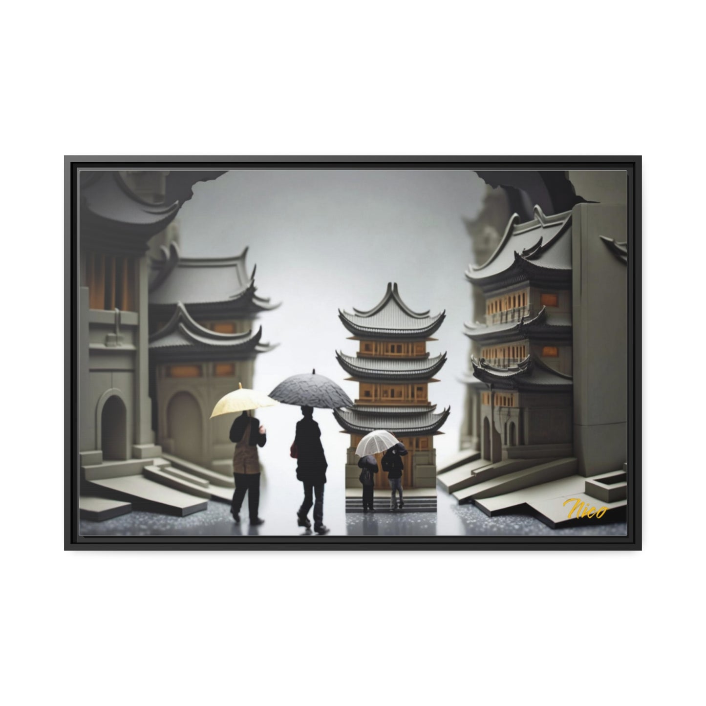 Oriental Rain Series Print #5 - Extended Black Framed Canvas Print