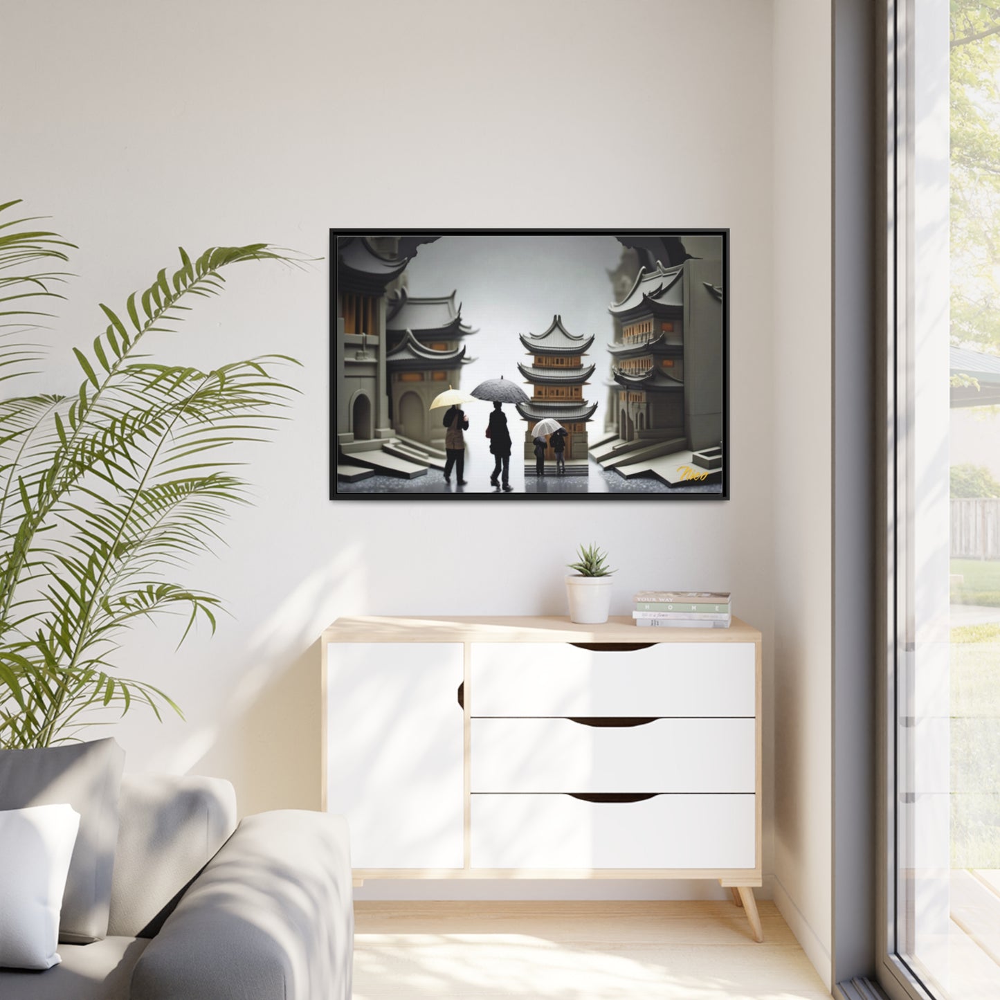 Oriental Rain Series Print #5 - Extended Black Framed Canvas Print