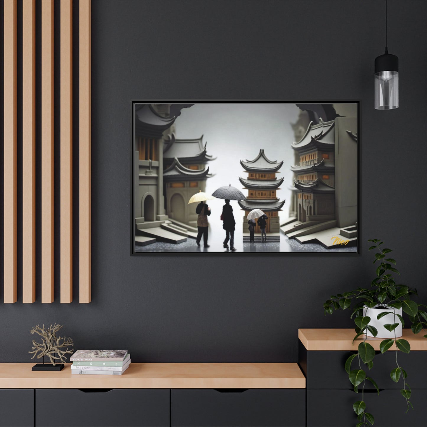 Oriental Rain Series Print #5 - Extended Black Framed Canvas Print