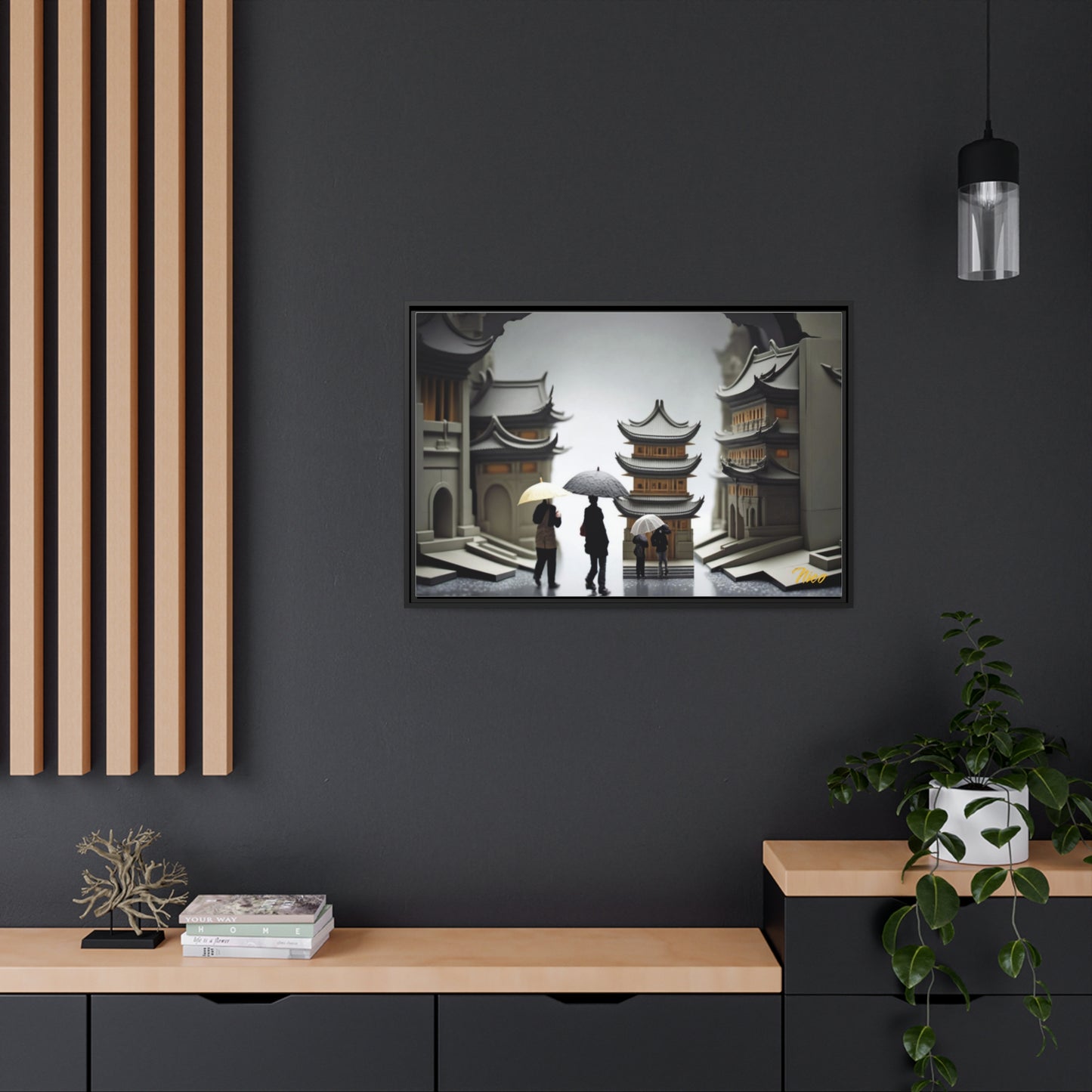 Oriental Rain Series Print #5 - Extended Black Framed Canvas Print