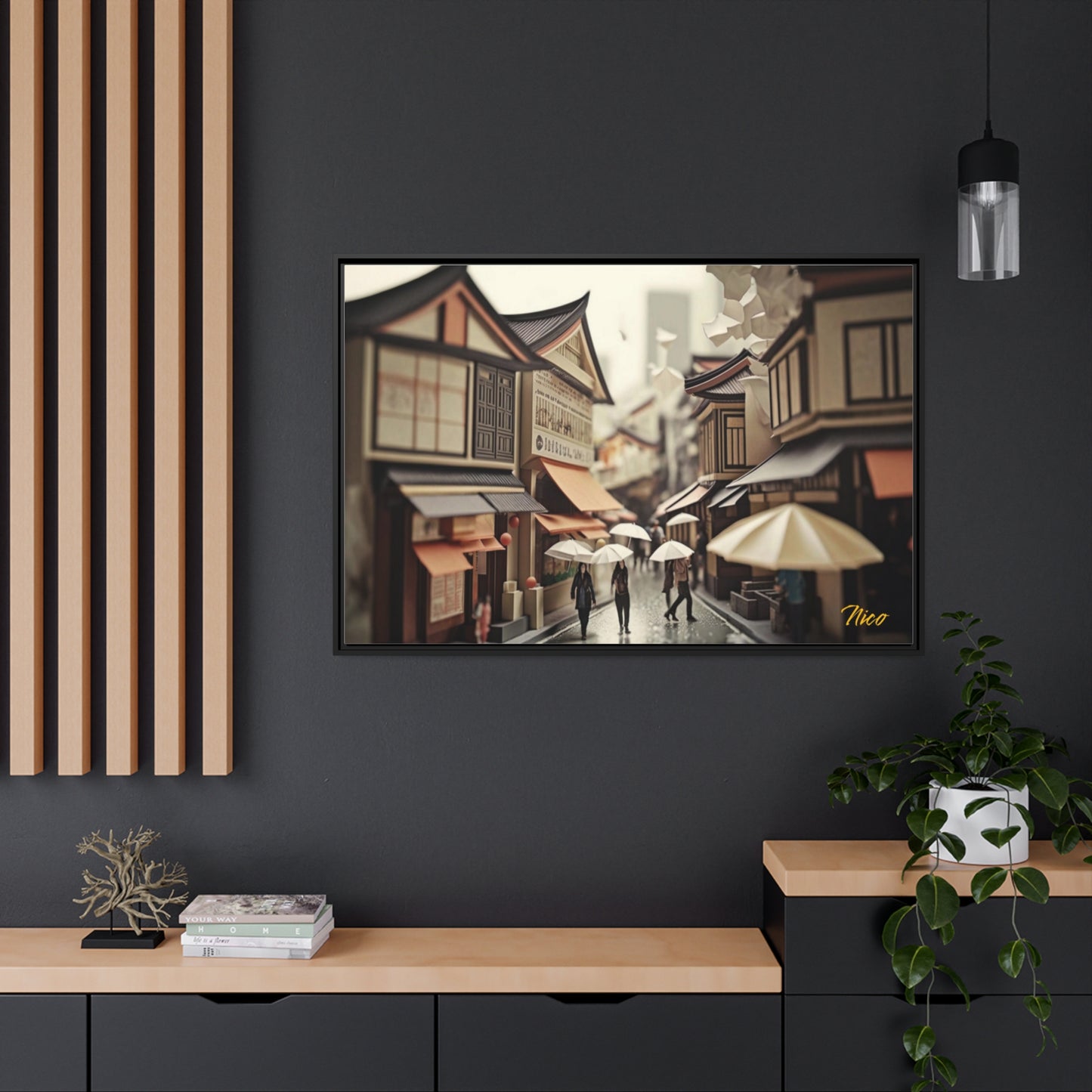 Oriental Rain Series Print #7 - Impression sur toile encadrée noire